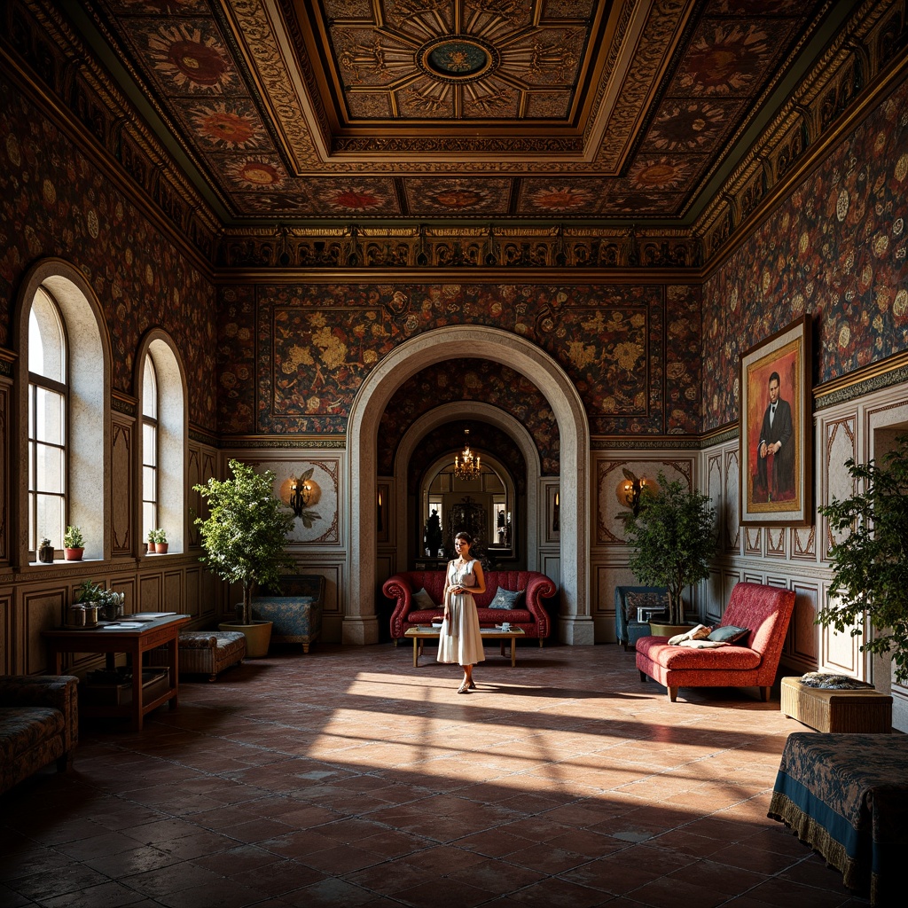 Prompt: Intricate mosaics, gold accents, rich jewel tones, deep crimson reds, majestic blues, emerald greens, ornate patterns, luxurious textures, ancient stone walls, mystical ambiance, warm candlelight, dramatic shadows, high contrast lighting, 3/4 composition, detailed ornamentation, realistic reflections, ambient occlusion.