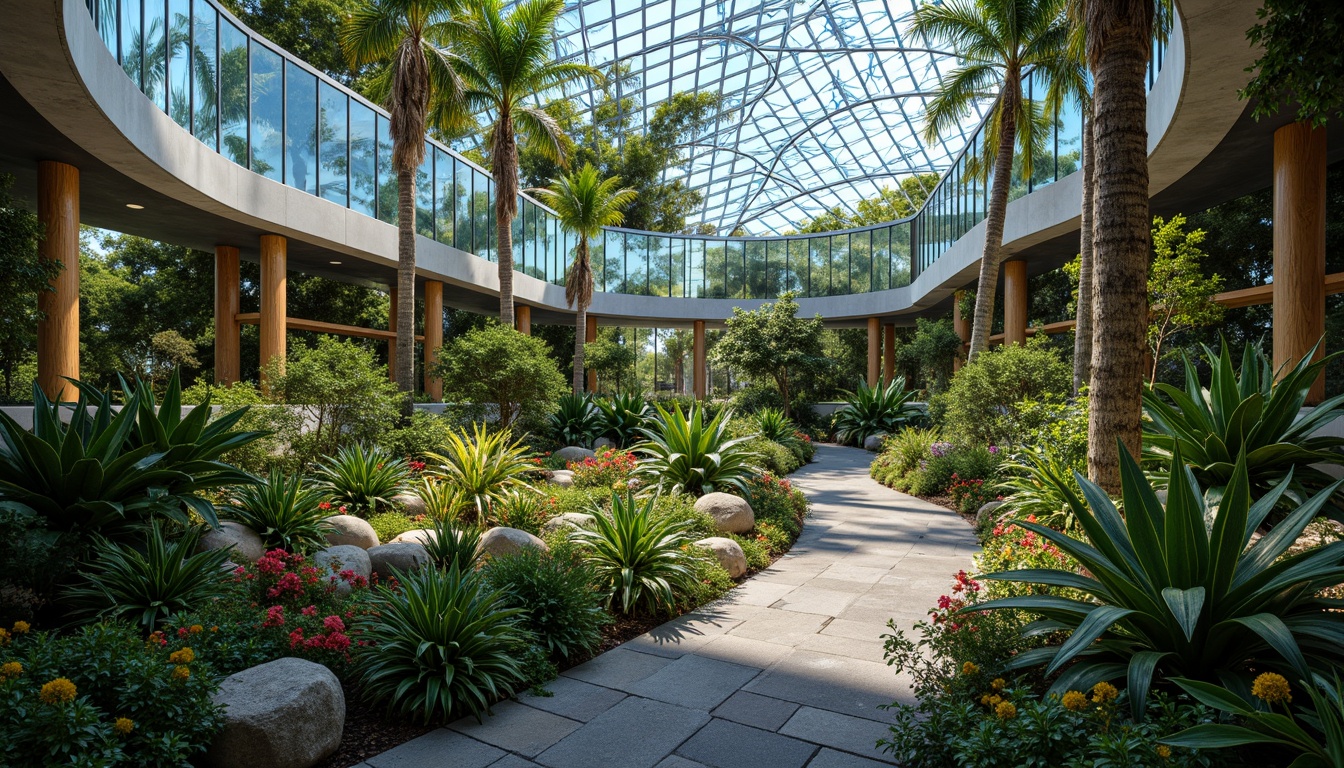 Prompt: Vibrant botanical garden, lush greenery, exotic plants, curved glass fa\u00e7ade, iridescent colors, abstract patterns, biomimetic structures, organic shapes, natural stone foundation, wooden accents, minimalist frames, whimsical decorations, soft diffused lighting, warm atmospheric glow, shallow depth of field, 1/2 composition, intimate panoramic view, realistic textures, ambient occlusion.