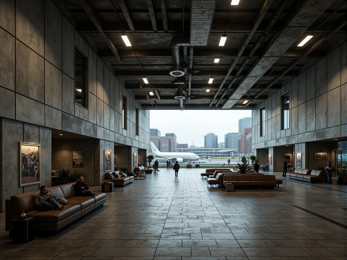 Prompt: Airport terminal, brutalist architecture, rugged concrete walls, exposed ductwork, industrial metal beams, raw stone floors, distressed wood accents, weathered steel panels, urban cityscape views, overcast skies, dramatic shadows, high-contrast lighting, cinematic atmosphere, 3/4 composition, low-angle shot, realistic textures, ambient occlusion.