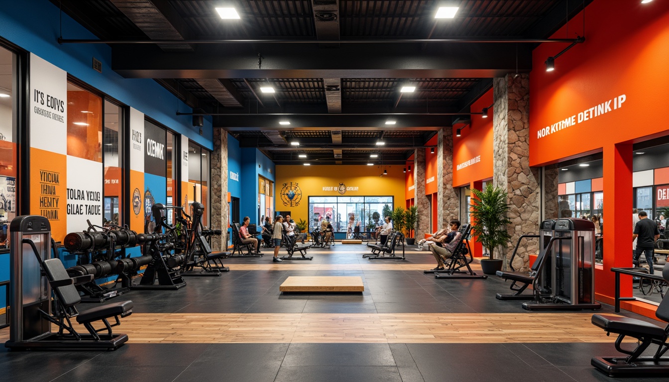 Prompt: Vibrant gym interior, bold color scheme, energetic atmosphere, bright accent walls, motivational quotes, sleek exercise equipment, rubber flooring, modern lighting fixtures, high ceilings, spacious layout, natural stone accents, industrial-chic decor, metallic tones, warm wood accents, dynamic shadows, 3/4 composition, shallow depth of field, realistic textures, ambient occlusion.