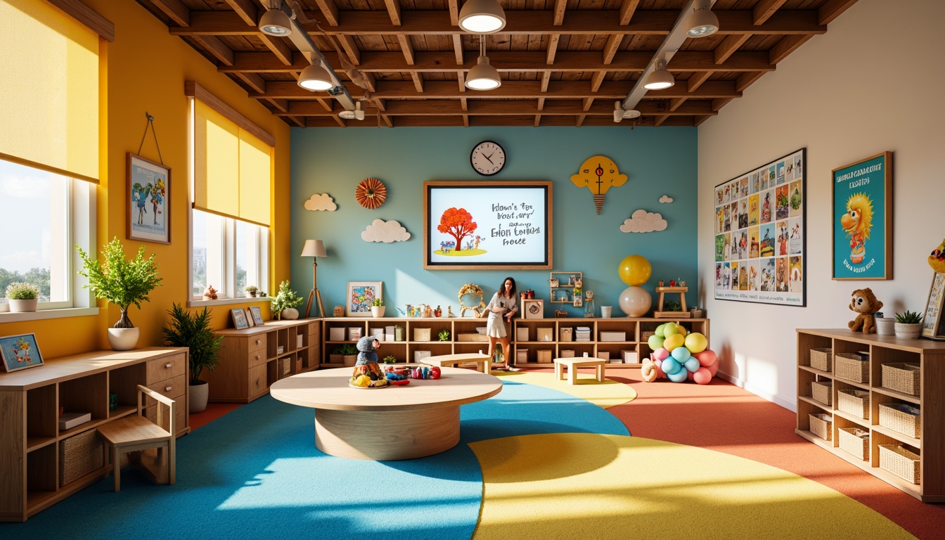 Prompt: Vibrant kindergarten interior, playful color scheme, interactive displays, educational toys, soft padded flooring, circular reading areas, cozy nooks, wooden tables, tiny chairs, collaborative learning zones, digital interactive boards, sensory play materials, textured walls, calming ambient lighting, shallow depth of field, 1/1 composition, warm inviting atmosphere, natural wood accents, whimsical decorations.