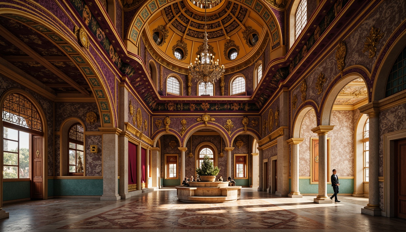 Prompt: Richly ornate Byzantine architecture, warm golden domes, intricate mosaics, lavish frescoes, ornamental arches, regal purple accents, opulent crimson hues, rich turquoise tones, luxurious cream marble, gilded details, ornate patterns, mystical ambiance, soft warm lighting, dramatic shadows, 1/2 composition, intimate close-ups, highly detailed textures, atmospheric perspective.