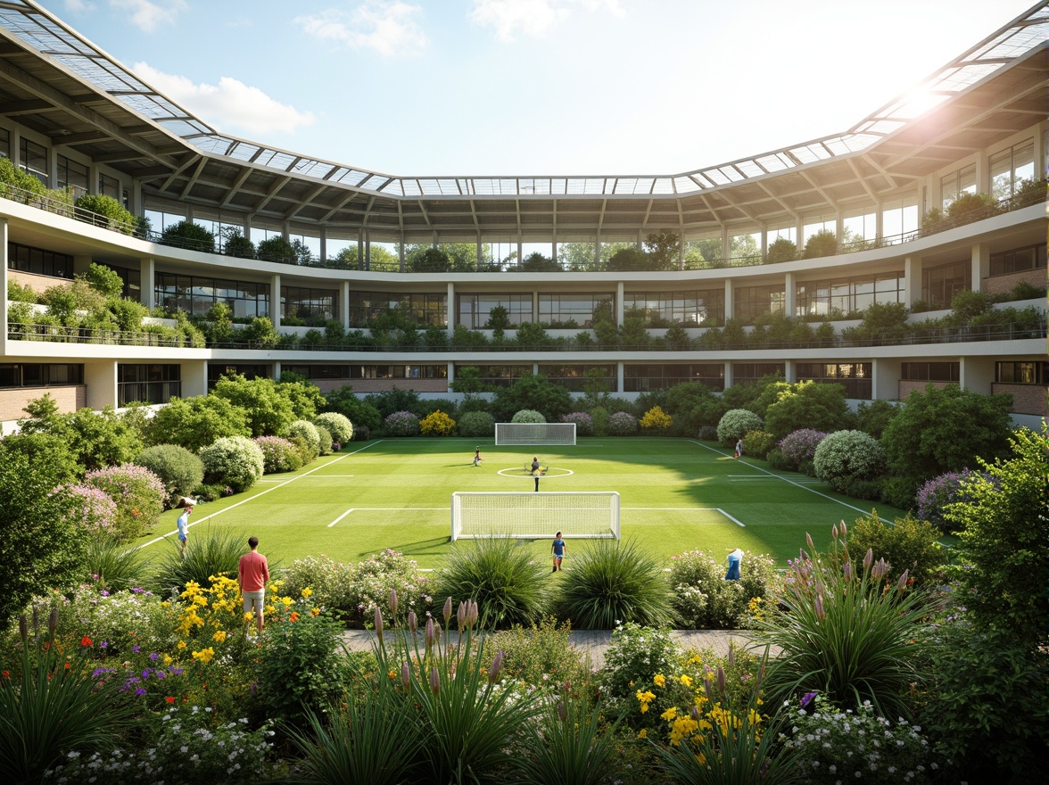 Prompt: Eco-friendly football stadium, lush green roofs, solar panels, wind turbines, rainwater harvesting systems, recycled materials, low-carbon footprint, natural ventilation, large windows, transparent fa\u00e7ades, minimalist design, angular lines, modern architecture, vibrant greenery, blooming flowers, sunny day, soft warm lighting, shallow depth of field, 3/4 composition, panoramic view, realistic textures, ambient occlusion.