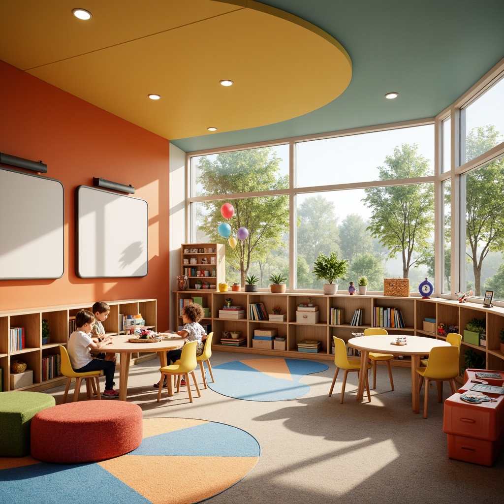 Prompt: Vibrant kindergarten, playful learning zones, colorful walls, engaging educational tools, interactive whiteboards, collaborative desks, soft carpeted floors, natural light, airy atmosphere, modern minimalist furniture, curved lines, whimsical decorations, stimulating textures, cozy reading nooks, imaginative play areas, building blocks, art supplies, musical instruments, discovery corners, sensory experiences, gentle lighting, shallow depth of field, 1/2 composition, warm color palette.