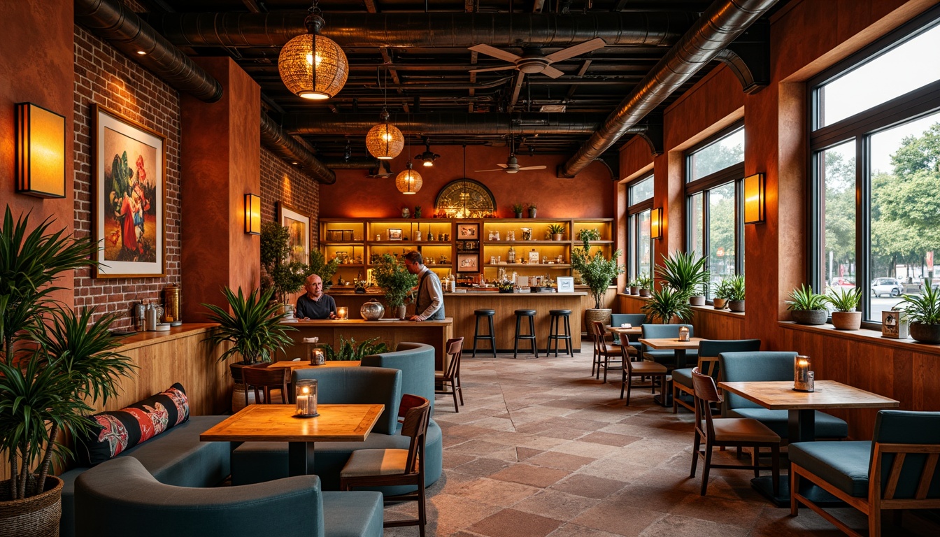 Prompt: Vibrant restaurant interior, bold color palette, warm golden lighting, rich wood accents, industrial metal beams, exposed brick walls, cozy dining areas, eclectic mix of modern and vintage furniture, decorative pendant lamps, lush greenery, natural stone floors, earthy terracotta tones, ambient occlusion, shallow depth of field, 1/1 composition, realistic textures.