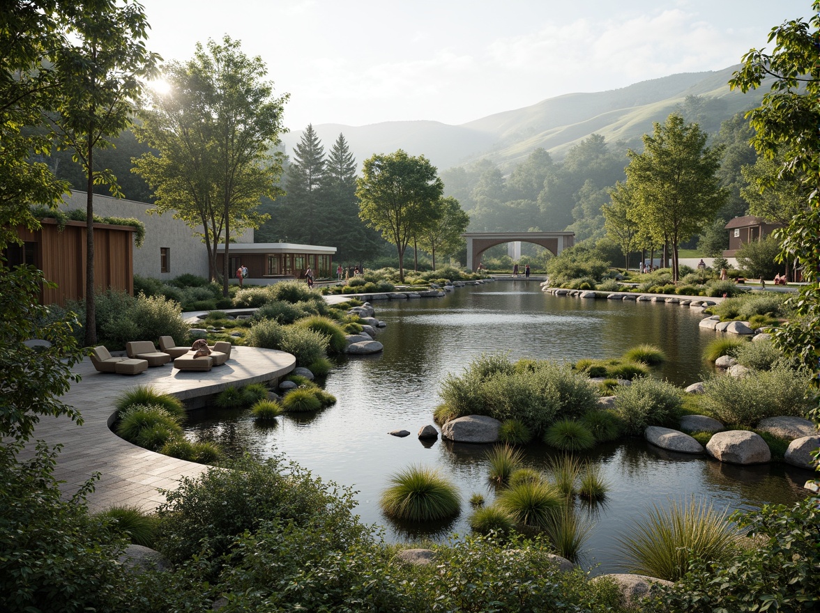 Prompt: Harmonious landscape integration, blending organic curves, natural stone walls, verdant roofs, native plant species, meandering water features, wooden decks, scenic overlooks, modern minimalist architecture, clean lines, neutral color palette, abundant natural light, soft shadows, 1/2 composition, atmospheric perspective, realistic foliage, subtle texture variations.