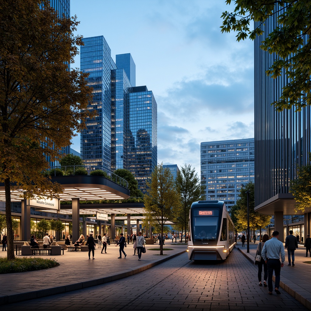 Prompt: Futuristic tram station, sleek metal framework, dynamic LED lighting, transparent glass roofs, cantilevered canopies, angular lines, modern minimalist design, green walls, living facades, vertical gardens, urban oasis, bustling cityscape, rush hour atmosphere, warm evening ambience, shallow depth of field, 1/2 composition, realistic reflections, ambient occlusion.