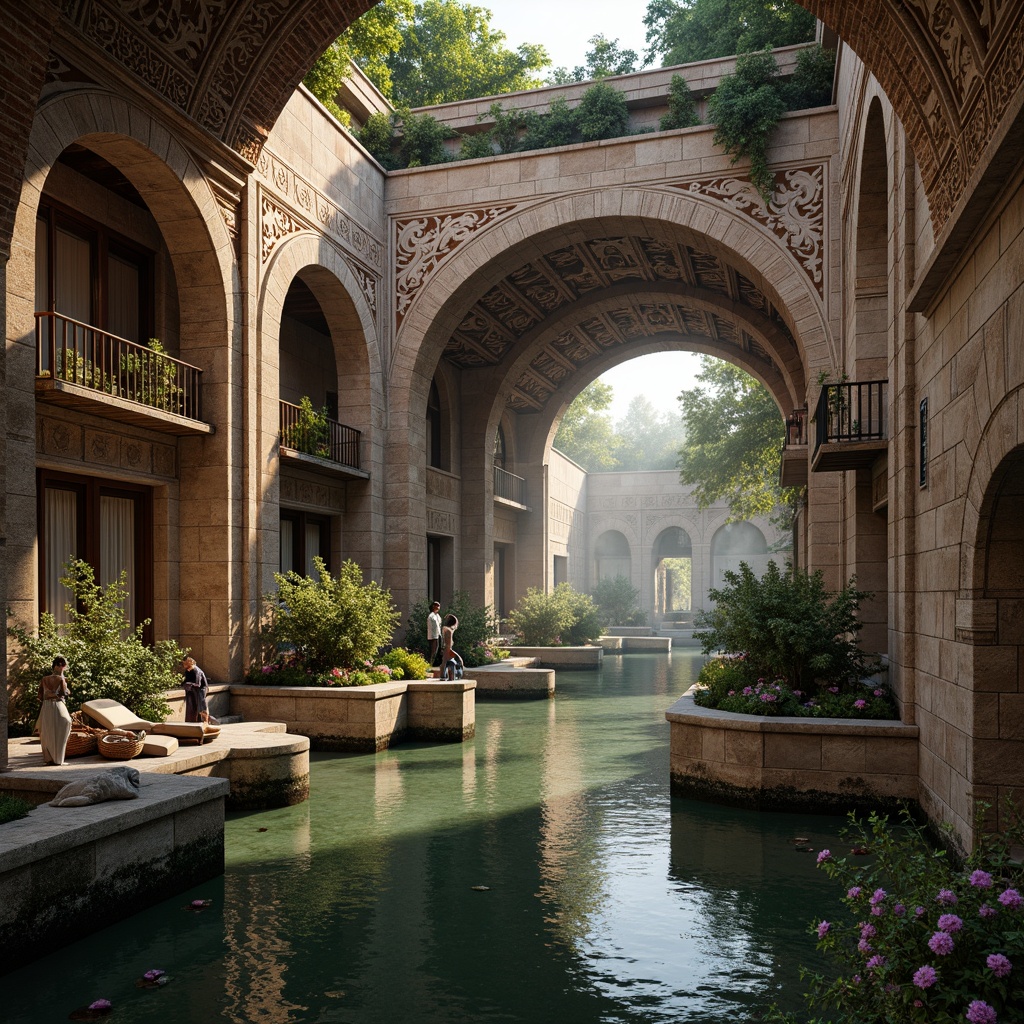 Prompt: Majestic bridges, Byzantine arches, ornate stone carvings, intricate mosaic patterns, rustic brick piers, grandiose columns, decorative capitals, sweeping curves, barrel vaults, pointed arches, ribbed domes, golden accents, warm ambient lighting, soft misty atmosphere, serene water reflections, lush greenery surroundings, vibrant floral arrangements, detailed stonework textures, realistic weathering effects, 3/4 composition, atmospheric perspective.