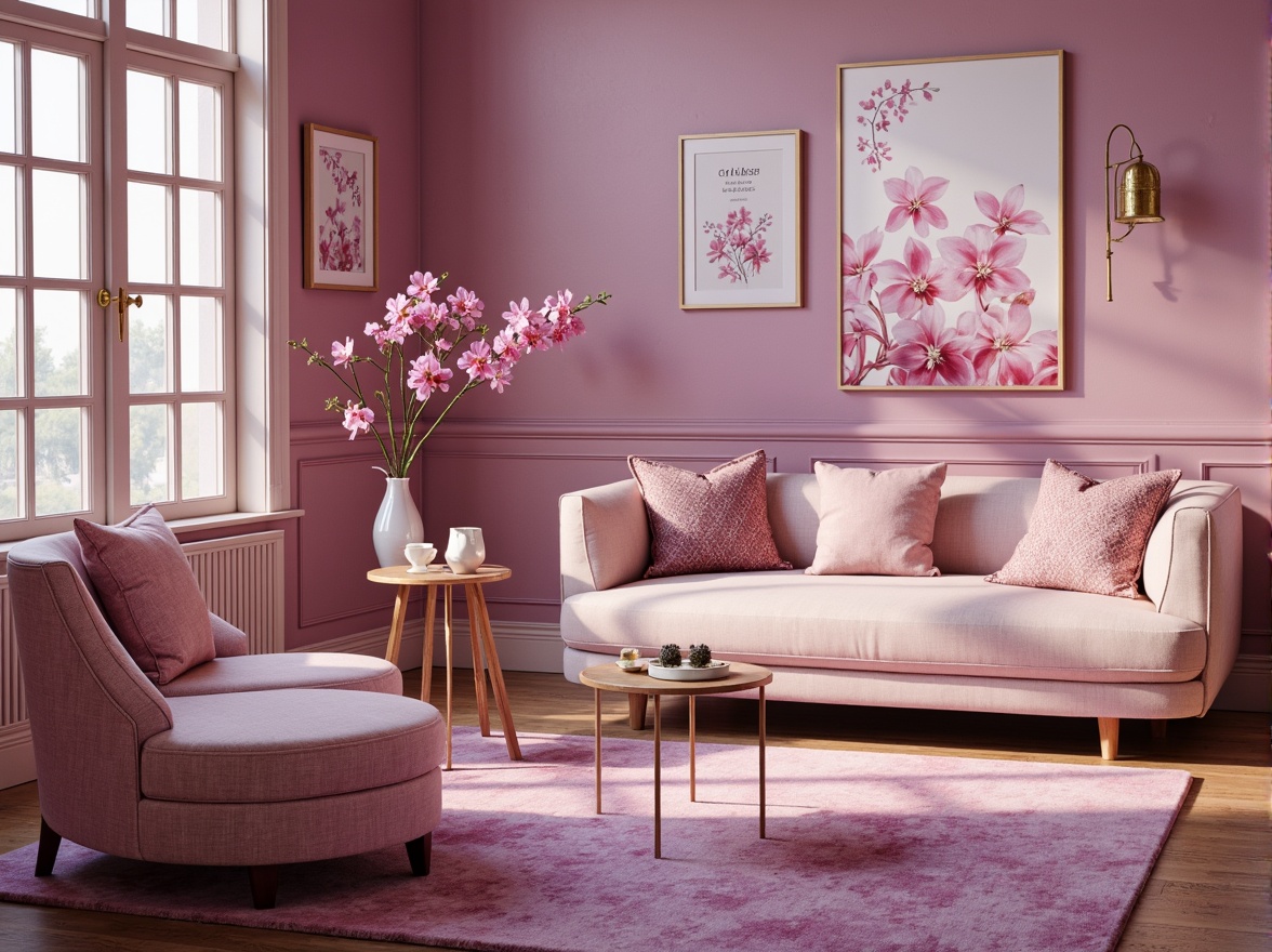 Prompt: Lavish orchid hues, soft blush tones, rich plum shades, velvety smooth textures, elegant floral patterns, sophisticated interior design, luxurious furniture pieces, refined decorative accents, warm golden lighting, subtle gradient effects, delicate watercolor illustrations, whimsical hand-painted details, romantic atmospheric mood, dreamy ethereal ambiance, 1/1 composition, shallow depth of field, soft focus blur.