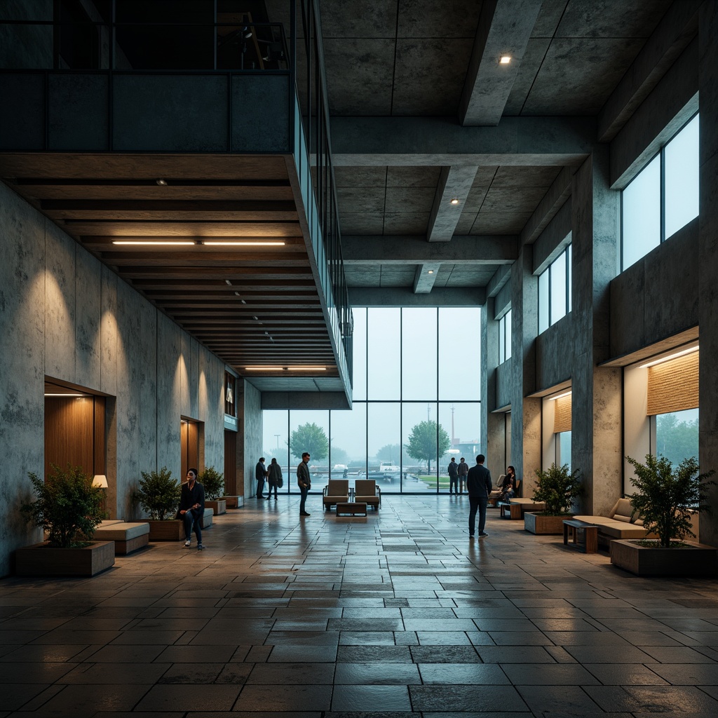 Prompt: Rugged airport terminal, brutalist architecture, raw concrete walls, exposed ductwork, industrial metal beams, reinforced steel columns, weathered stone flooring, distressed wood accents, utilitarian furniture, functional minimalism, cold harsh lighting, dramatic shadows, atmospheric fog, low-angle composition, cinematic mood, gritty realistic textures.