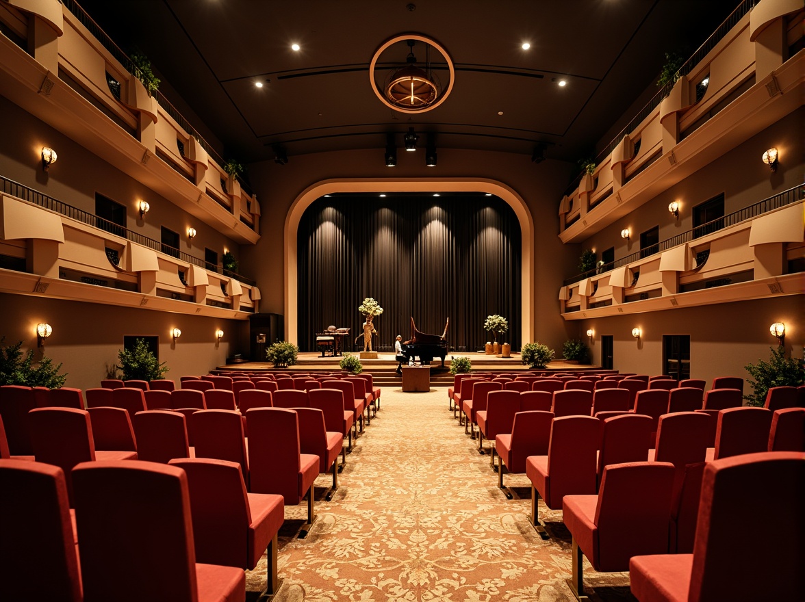 Prompt: Intimate concert hall, luxurious velvet seats, rich wooden flooring, sound-absorbing acoustic panels, curved ceiling design, dramatic stage lighting, grand piano, professional audio equipment, soundproofing materials, minimalist decor, warm color scheme, comfortable seating area, private boxes, ornate balconies, soft carpeting, subtle wall patterns, elegant chandeliers, precise sound reflection, 1/2 composition, low-angle shot, warm soft lighting.