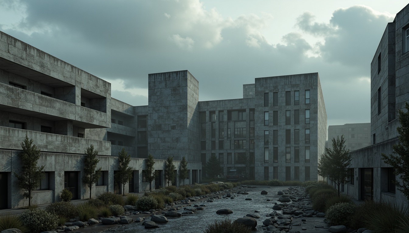 Prompt: Raw concrete walls, fortress-like structures, rugged textures, brutalist architecture, dramatic cantilevered roofs, bold geometric shapes, industrial materials, exposed ductwork, minimalist ornamentation, functional simplicity, urban surroundings, gloomy cloudy skies, high-contrast lighting, cinematic composition, atmospheric mist, gritty realistic render.