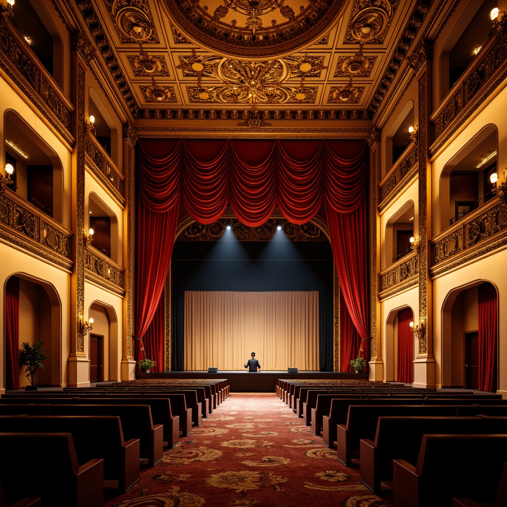 Prompt: Grand theatrical stage, opulent curtains, gilded frames, ornate chandeliers, velvet drapes, intricate carvings, majestic archways, Baroque-inspired design, luxurious fabrics, regal color schemes, warm golden lighting, shallow depth of field, 1/1 composition, dramatic spotlights, realistic textures, ambient occlusion.