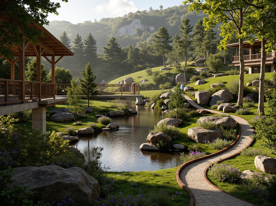 Prompt: Seamless landscape integration, lush greenery, natural stone walls, curved wooden bridges, meandering water features, organic architecture, earthy tones, blended boundaries, native plant species, rustic pathways, weathered wood accents, steel frames, cantilevered structures, panoramic views, soft warm lighting, shallow depth of field, 3/4 composition, realistic textures, ambient occlusion.