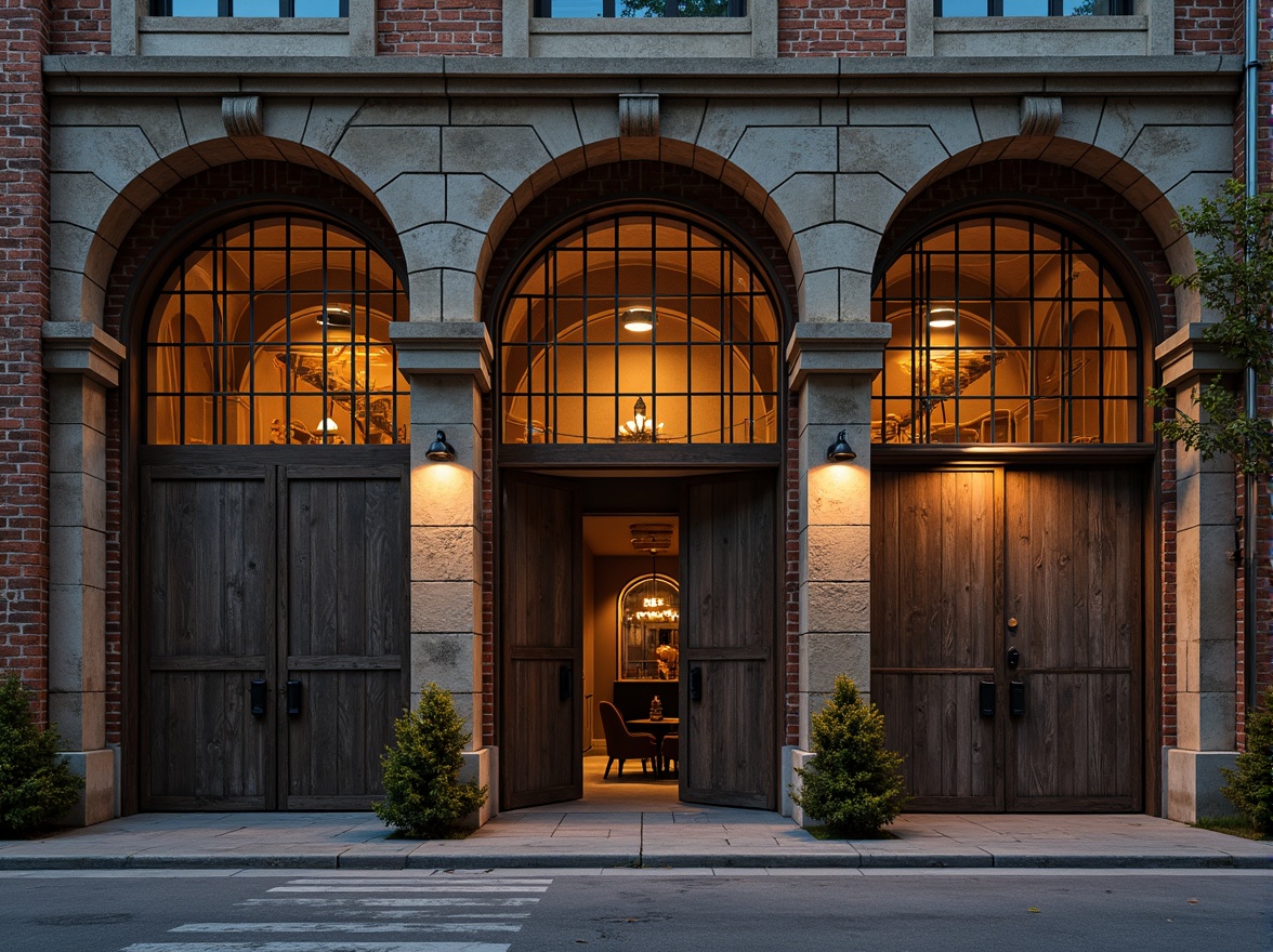 Prompt: Rustic warehouse facade, Romanesque arches, rough-hewn stone walls, ornate metal gates, distressed wooden doors, vintage industrial windows, exposed brick textures, earthy color palette, warm golden lighting, shallow depth of field, 2/3 composition, symmetrical framing, dramatic shadows, atmospheric misting effects, urban cityscape background, evening blue hour ambiance.