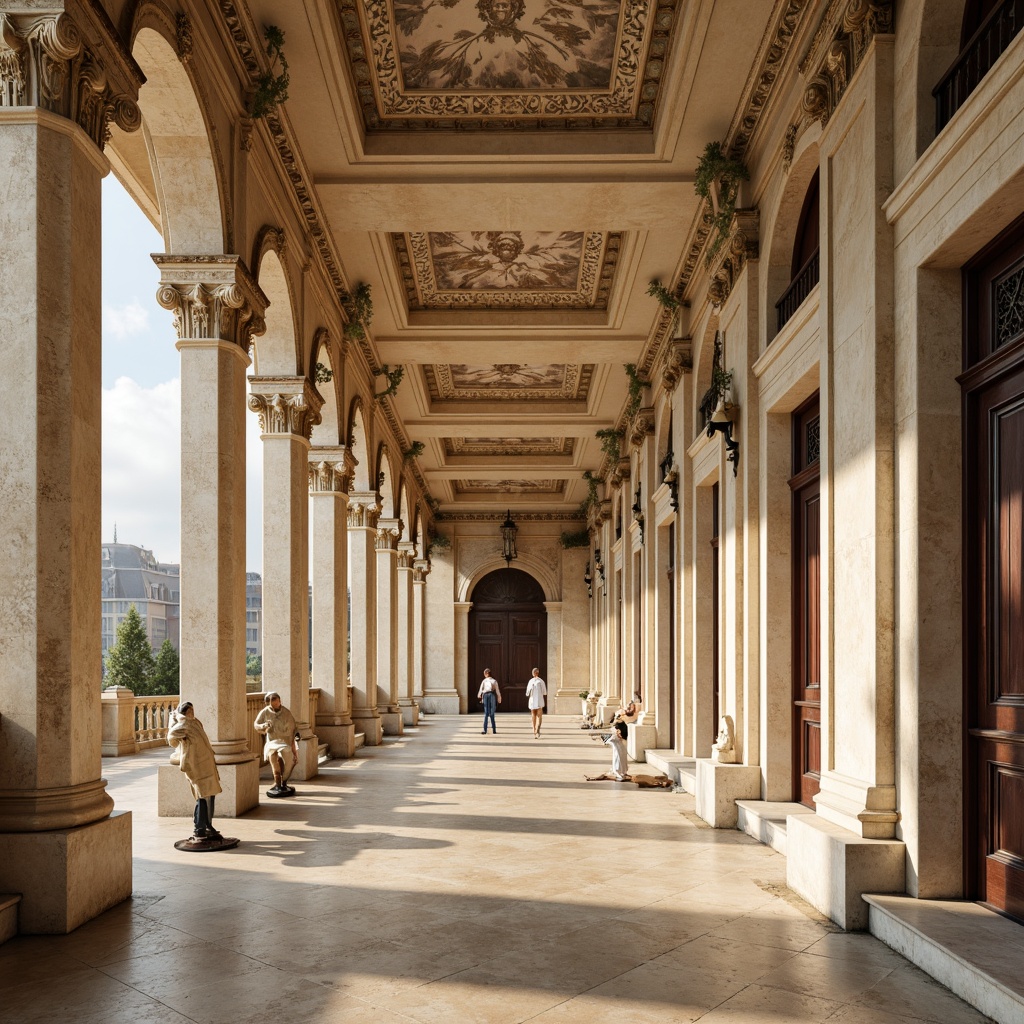 Prompt: Ornate columns, intricately carved capitals, grandiose arches, symmetrical facades, ornamental pediments, majestic statues, elegant balustrades, refined stucco textures, creamy marble surfaces, subtle shadowing, warm golden lighting, shallow depth of field, 2/3 composition, axial symmetry, realistic reflections, ambient occlusion, classical proportions, harmonious rhythm.