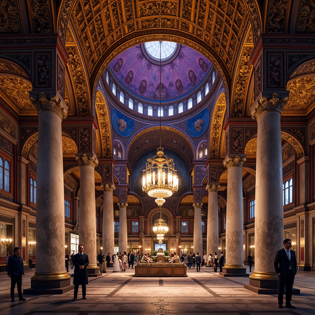 Prompt: \Richly ornate Byzantine architecture, warm golden mosaics, intricate stone carvings, luxurious marble columns, grand domes, vibrant crimson accents, celestial blue ceilings, regal purple hues, ornate gilded details, textured frescoes, elaborate iconography, dramatic lighting effects, high contrast shadows, atmospheric perspective, mystical ambiance, historic cultural significance.\