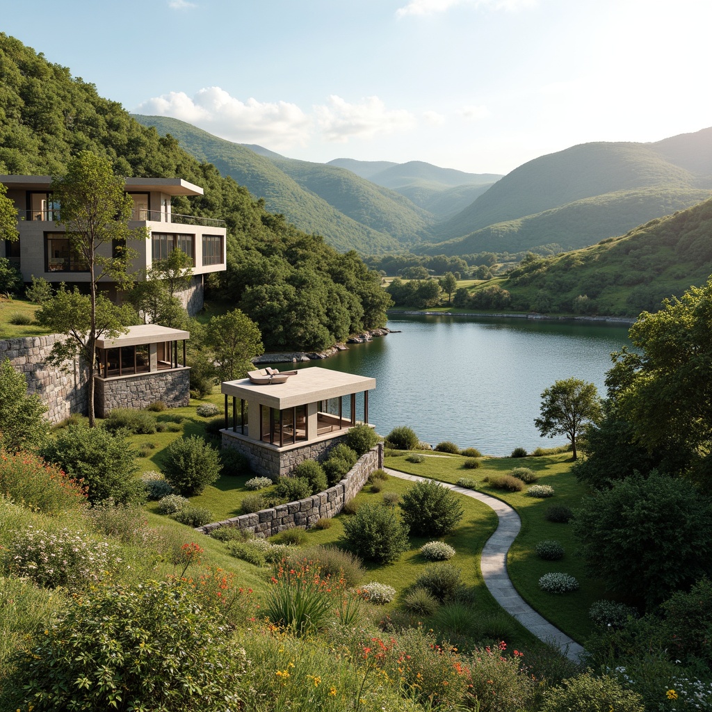 Prompt: Seamless landscape integration, rolling hills, serene lakeside, lush greenery, vibrant wildflowers, meandering pathways, natural stone walls, wooden decks, modern minimalist structures, clean lines, glass facades, cantilevered roofs, abundant sunlight, soft warm lighting, shallow depth of field, 3/4 composition, panoramic view, realistic textures, ambient occlusion.