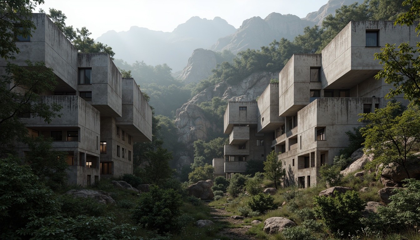 Prompt: Rugged brutalist buildings, exposed concrete surfaces, raw industrial textures, monumental scales, fortress-like structures, overhanging cantilevers, dramatic shadows, dense forest surroundings, winding mountain paths, rocky outcrops, misty atmosphere, soft diffused lighting, 1/1 composition, symmetrical framing, stark contrast, muted color palette, natural stone accents, weathered steel details, moss-covered walls, organic integration with landscape, harmonious coexistence.