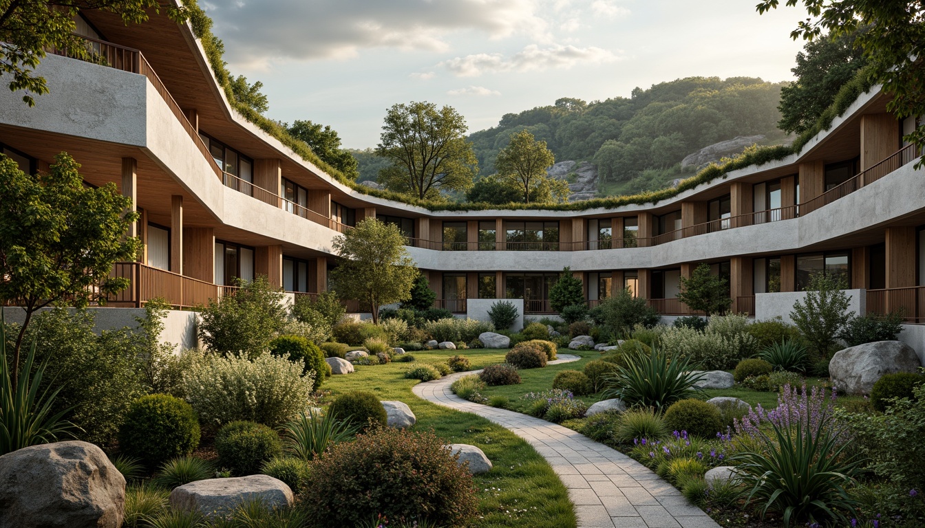 Prompt: Harmonious building facade, natural stone walls, lush green roofs, curved lines, organic shapes, earthy tones, blending boundaries, seamless transitions, landscape merging architecture, scenic overlooks, winding walkways, native plant species, weathered wood accents, rustic metal details, soft warm lighting, atmospheric perspective, 1/2 composition, cinematic view, realistic foliage, ambient occlusion.