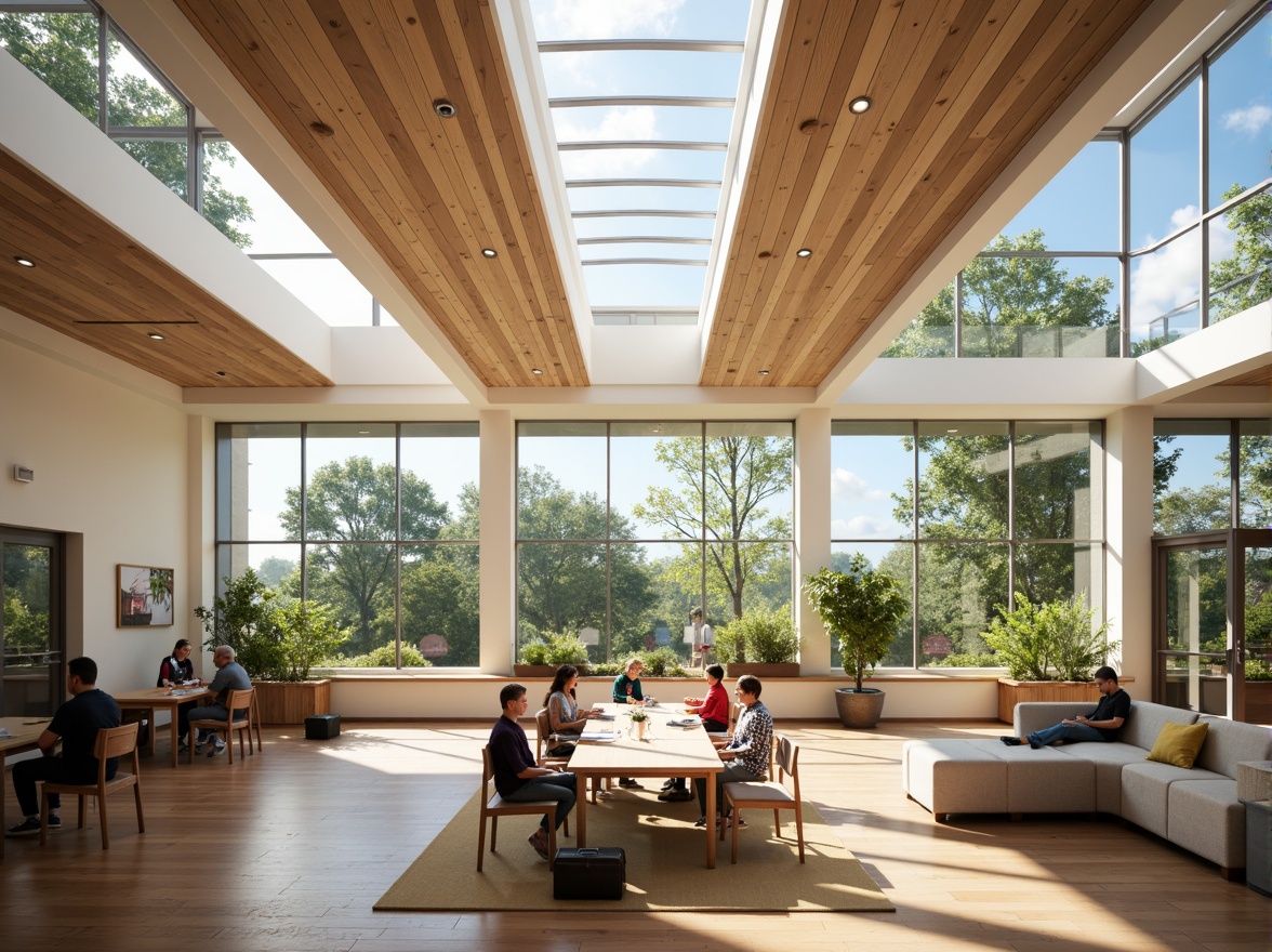 Prompt: Spacious classrooms, abundant natural light, high ceilings, clerestory windows, skylights, floor-to-ceiling glass walls, minimal obstructions, open floor plans, collaborative learning areas, comfortable seating zones, warm wooden flooring, earthy color schemes, organic textures, soft indirect lighting, 1/1 composition, realistic reflections, subtle shadows, ambient occlusion.