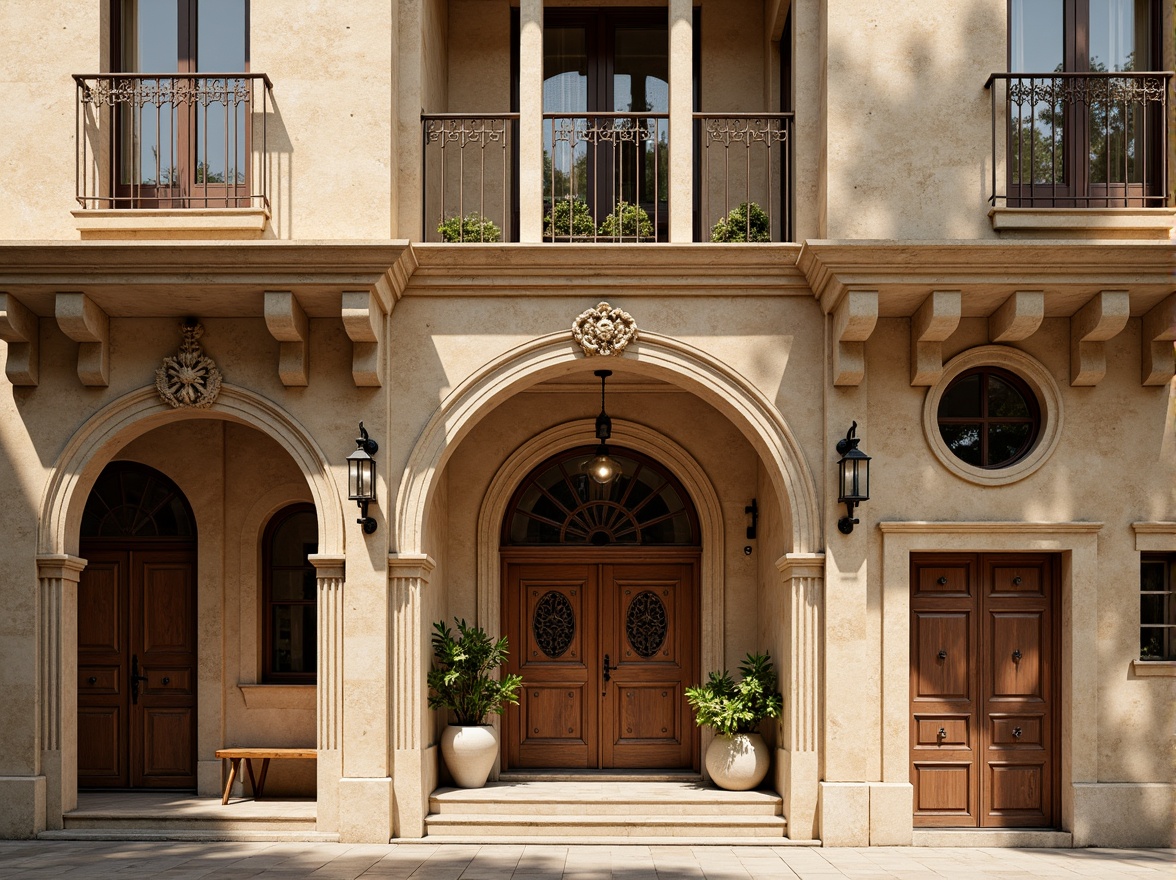 Prompt: Renaissance-style hostel facade, ornate stone carvings, arched windows, rustic wooden doors, vintage metal lanterns, intricate stucco details, warm beige color scheme, ornamental balconies, curved lines, classical columns, grand entrance, symmetrical composition, soft warm lighting, afternoon sunlight, shallow depth of field, 2/3 composition, realistic textures, ambient occlusion.