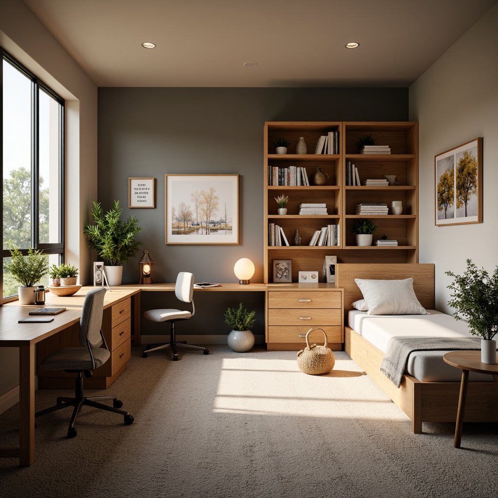 Prompt: Cozy dorm room, warm wooden furniture, comfortable bedding, study desks, ergonomic chairs, bookshelves, soft carpeting, calming color scheme, natural light, large windows, modern minimalist decor, functional storage units, collaborative workspaces, inspirational quotes, framed artwork, soft box lighting, shallow depth of field, 1/1 composition, realistic textures.