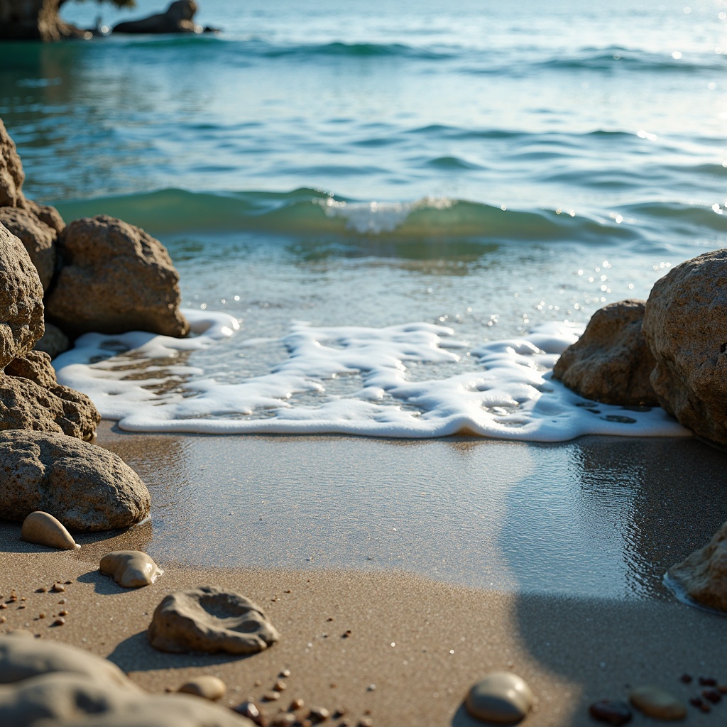 Prompt: Sparkling sapphire waters, soft coastal breeze, serene beach scenery, driftwood accents, natural textures, weathered stones, sea salt spray, calming ocean views, tranquil atmosphere, pastel color palette, soothing blues, creamy whites, warm sandy neutrals, gentle wave patterns, subtle foam details, misty morning light, shallow depth of field, 1/1 composition, realistic reflections, ambient occlusion.