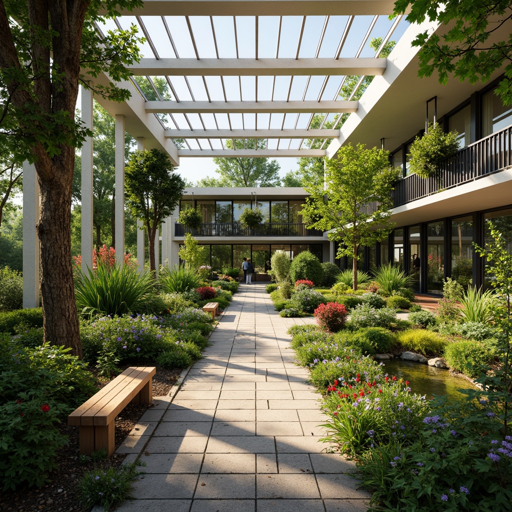 Prompt: Vibrant botanical garden, lush greenery, exotic flowers, natural stone pathways, wooden benches, modern minimalist architecture, floor-to-ceiling windows, sliding glass doors, clerestory windows, open ceiling design, bright airy spaces, warm soft lighting, shallow depth of field, 1/2 composition, panoramic view, realistic textures, ambient occlusion.