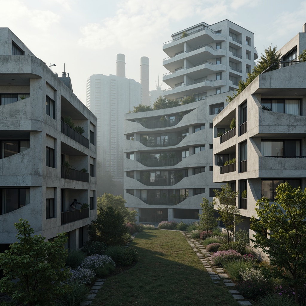 Prompt: Geometric housing forms, brutalist concrete structures, industrial metal accents, angular rooflines, asymmetrical compositions, cantilevered volumes, raw unfinished textures, urban cityscape, misty morning atmosphere, dramatic chiaroscuro lighting, 2/3 composition, shallow depth of field, cinematic perspective, abstract geometric patterns, bold color blocking, experimental materiality.