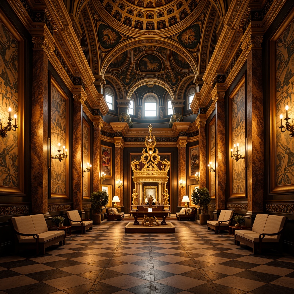 Prompt: Intricate gold mosaics, ornate religious symbols, grandiose domed ceilings, richly patterned marble floors, lavish imperial thrones, opulent golden icons, solemn candlelit atmosphere, warm earthy tones, subtle gradient lighting, dramatic chiaroscuro, 1/2 composition, low-angle view, realistic textures, ambient occlusion.