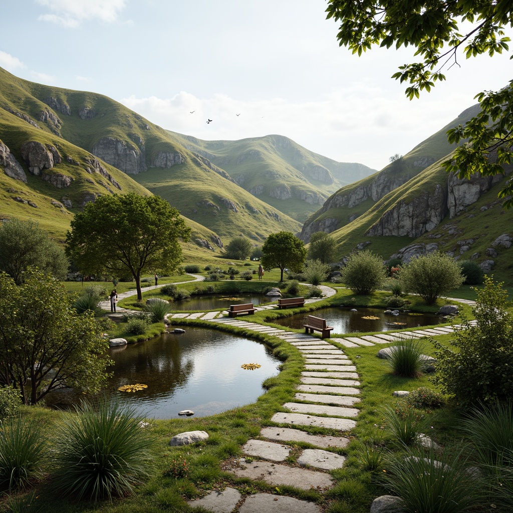 Prompt: Rolling hills, serene natural scenery, lush greenery, winding stone pathways, tranquil ponds, reflecting pools, native flora, rustic wooden benches, meandering streams, weathered rock formations, organic shapes, earthy tones, harmonious color palette, gentle slopes, soft warm lighting, shallow depth of field, 3/4 composition, panoramic view, realistic textures, ambient occlusion.