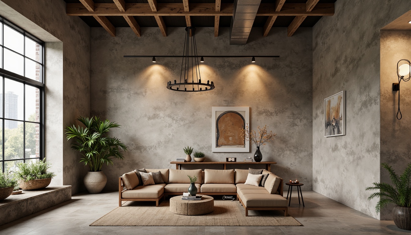 Prompt: Rustic textured walls, plastered concrete finishes, earthy color palette, natural material selection, industrial chic aesthetic, urban loft atmosphere, reclaimed wood accents, metal beams, exposed ductwork, modern minimalist decor, soft warm lighting, shallow depth of field, 3/4 composition, realistic textures, ambient occlusion.