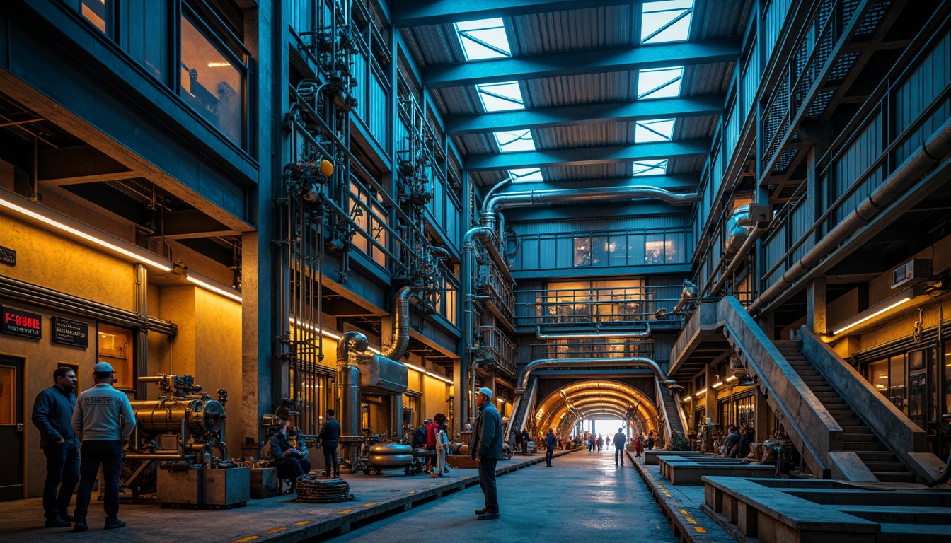 Prompt: Industrial energy plants, metallic structures, mechanical equipment, steel beams, exposed pipes, functional design, utilitarian architecture, bold color scheme, neon accents, warning signs, safety markings, high-visibility jackets, reflective vests, rugged textures, dramatic lighting, low-key shadows, 3/4 composition, realistic rendering, ambient occlusion.