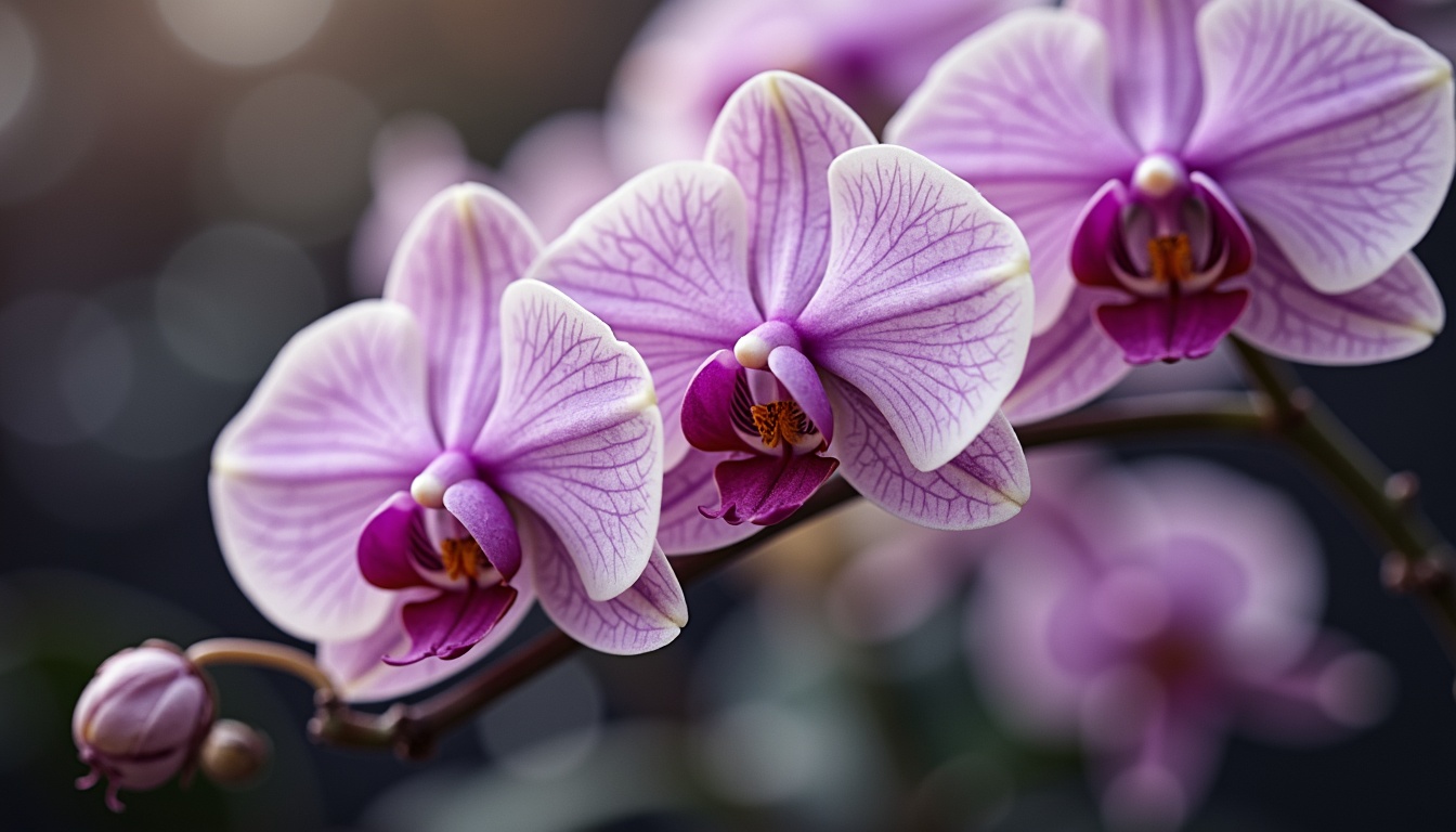 Prompt: Delicate orchid flowers, soft pastel hues, creamy whites, rich plum tones, velvety blacks, subtle metallic sheens, elegant Script fonts, whimsical watercolor textures, dreamy atmospheric lighting, shallow depth of field, 1/1 composition, intimate close-up shots, realistic petal details, ambient occlusion.