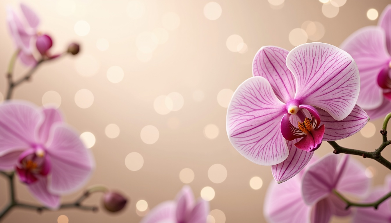 Prompt: Elegant orchid tones, soft pastel hues, delicate petal-inspired colors, warm beige backgrounds, rich plum accents, subtle golden highlights, luxurious velvet textures, refined metallic sheens, whimsical floral patterns, airy light atmosphere, shallow depth of field, 1/1 composition, soft focus effect, natural warm lighting, ambient occlusion.