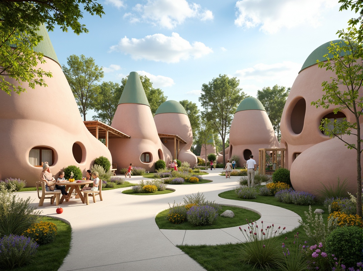 Prompt: Whimsical kindergarten playground, rounded blob-like buildings, soft pastel colors, wavy lines, irregular shapes, natural materials, wooden accents, green roofs, flowy curves, playful textures, vibrant flower gardens, sunny day, warm soft lighting, shallow depth of field, 1/1 composition, panoramic view, realistic renderings, ambient occlusion.