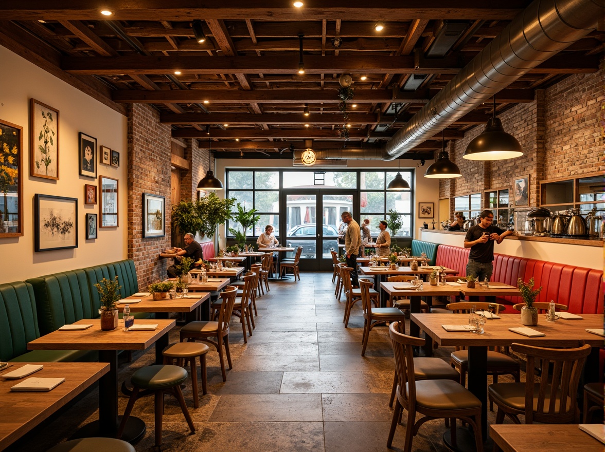 Prompt: Vibrant restaurant interior, bold color palette, warm golden lighting, rustic wooden accents, industrial metal beams, exposed brick walls, modern minimalist decor, cozy dining areas, comfortable seating, natural stone flooring, earthy tones, organic textures, lively atmosphere, bustling kitchen, aromatic food scents, soft background music, shallow depth of field, 1/1 composition, realistic renderings, ambient occlusion.