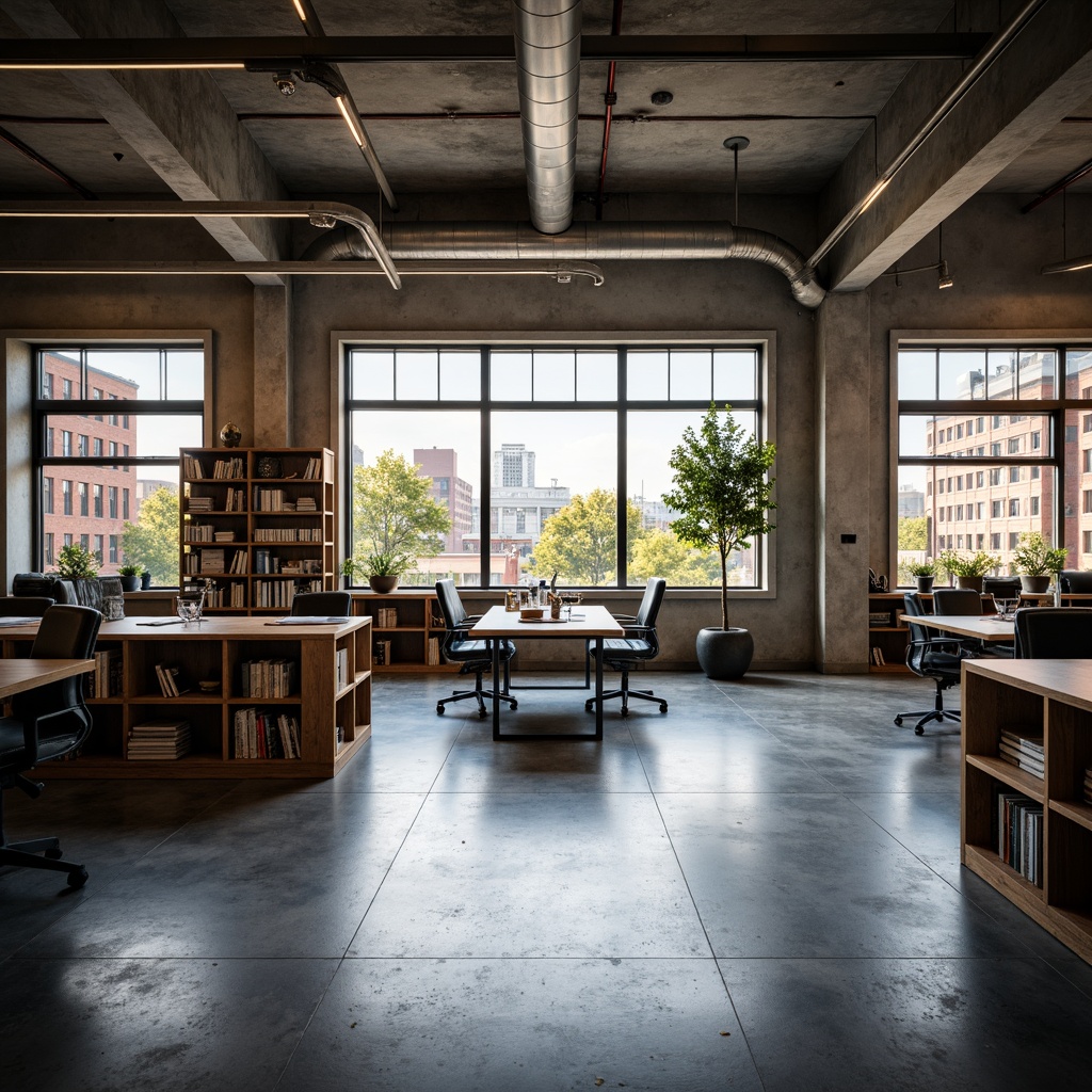 Prompt: Industrial chic loft, open concept space, high ceilings, exposed ductwork, polished concrete floors, metal beams, reclaimed wood accents, minimalist decor, modern academic vibe, collaborative workspaces, sleek desks, ergonomic chairs, floor-to-ceiling bookshelves, natural light pouring in, soft warm lighting, shallow depth of field, 1/2 composition, realistic textures, ambient occlusion, urban cityscape views, bustling streets, trendy neighborhood.