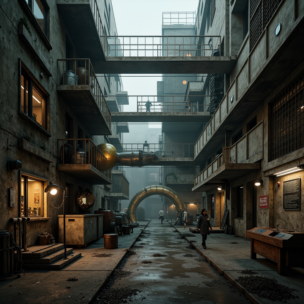 Prompt: Rugged industrial landscape, mechanical equipment, steel pipes, concrete foundations, metallic catwalks, elevated platforms, control rooms, monitoring systems, safety railings, warning signs, rusted machinery, worn-out surfaces, dimly lit interiors, harsh shadows, dramatic spotlighting, 1-point perspective, atmospheric mist, realistic reflections, weathered textures.