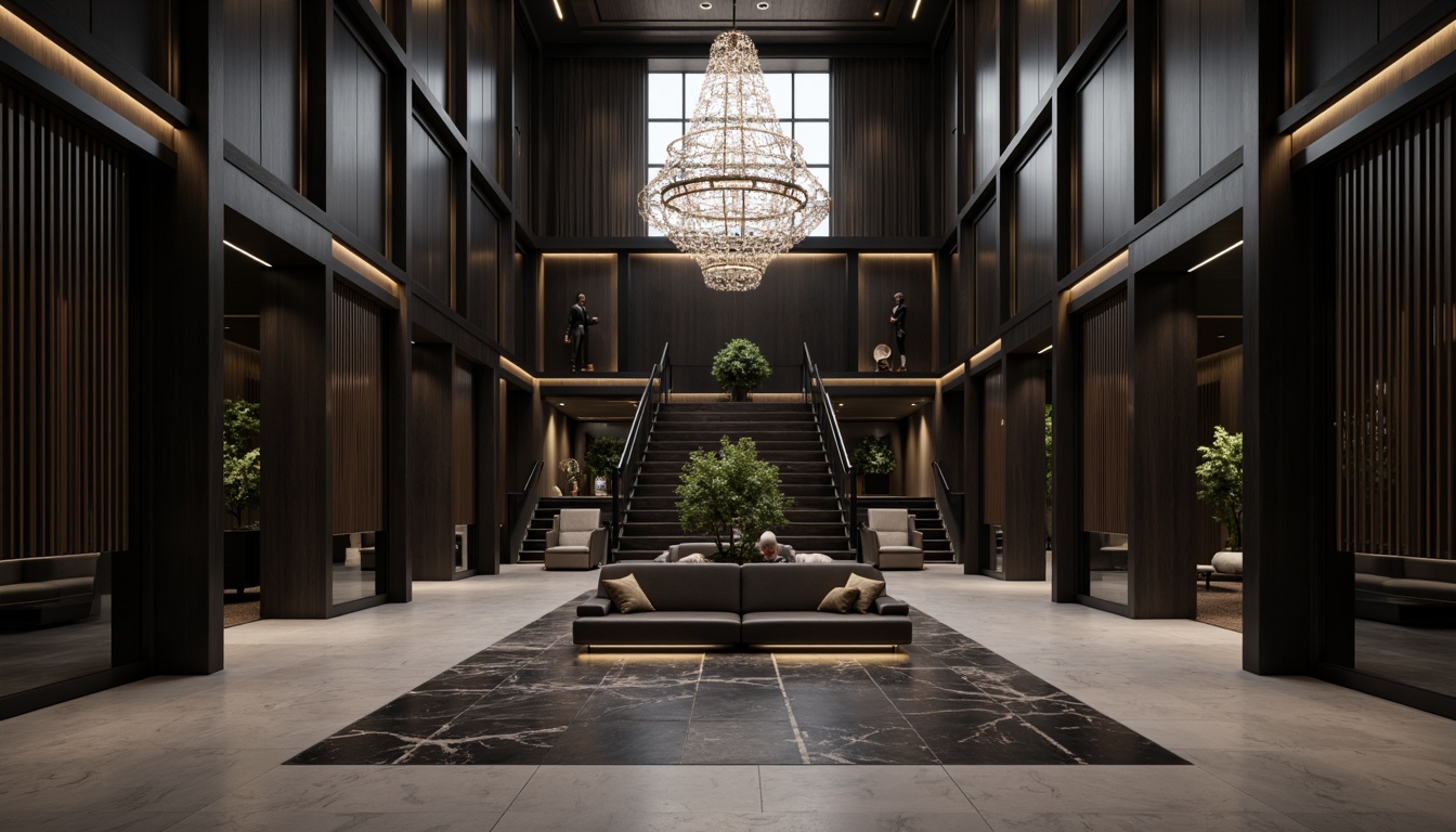 Prompt: Dark gray elegance, luxurious mansion, modern architecture, sleek lines, minimalist design, high-end materials, marble floors, dark wood paneling, metallic accents, floor-to-ceiling windows, grand staircase, crystal chandelier, dim warm lighting, shallow depth of field, 1/1 composition, realistic textures, ambient occlusion.