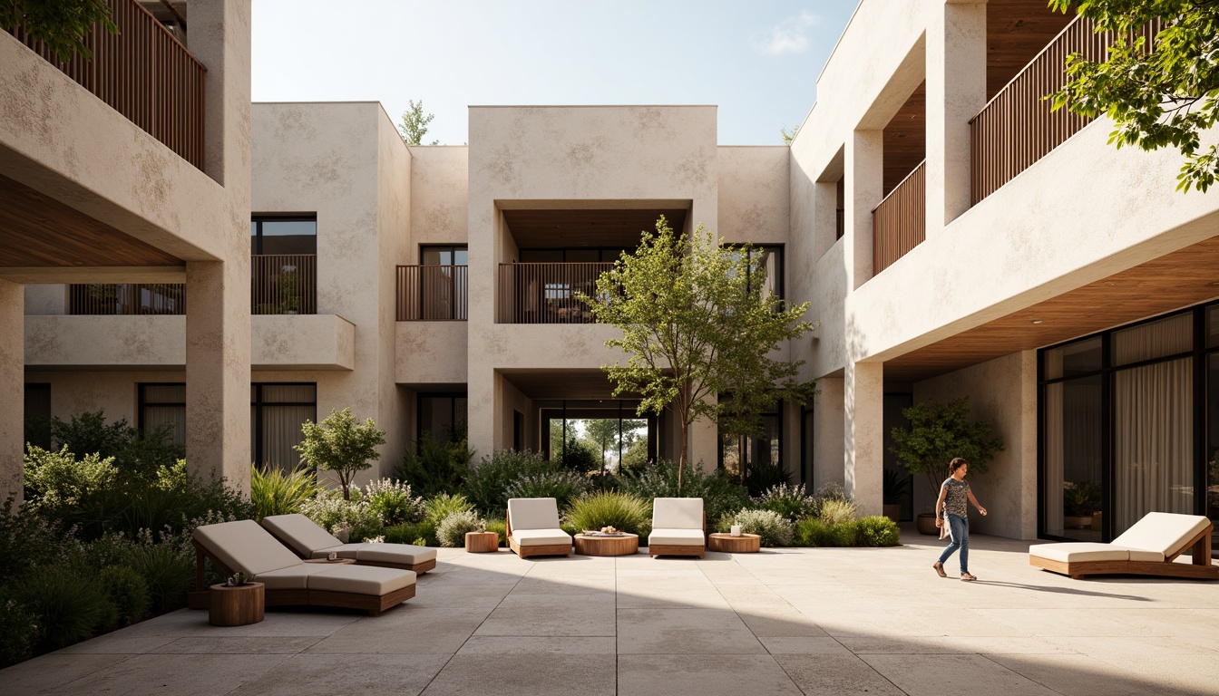 Prompt: Rustic building facade, rough-textured plastered concrete walls, earthy color palette, natural stone accents, modern minimalist architecture, sleek lines, flat roofs, overhanging eaves, shaded outdoor spaces, warm ambient lighting, 1/1 composition, realistic textures, ambient occlusion.