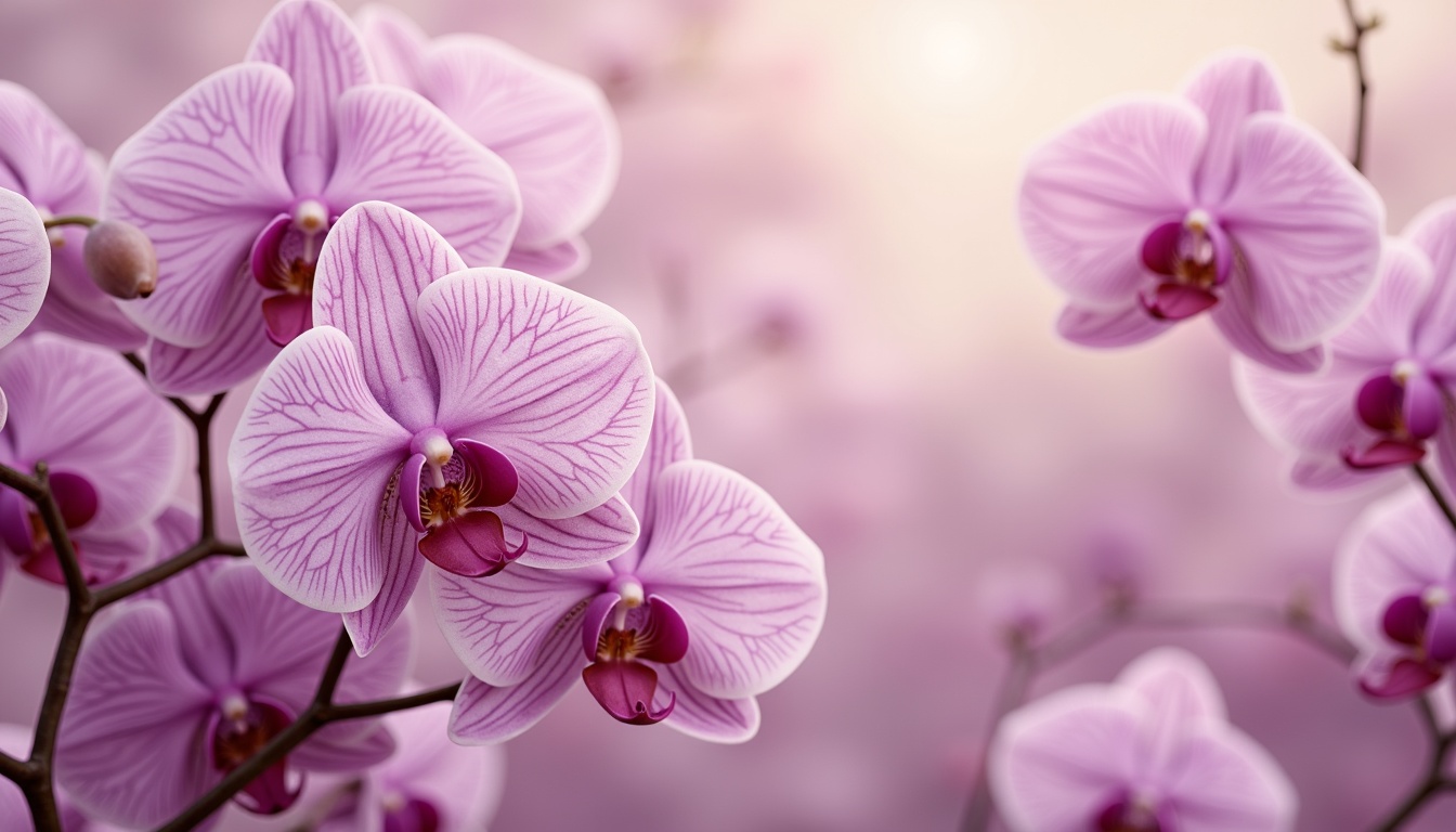 Prompt: \Elegant orchid tones, soft pink hues, delicate purple shades, luxurious velvety texture, refined golden accents, subtle cream undertones, sophisticated modern design, sleek lines, minimalist aesthetic, natural light, airy atmosphere, 1/1 composition, shallow depth of field, warm soft focus, realistic renderings, ambient occlusion.\Let me know if this meets your requirements!