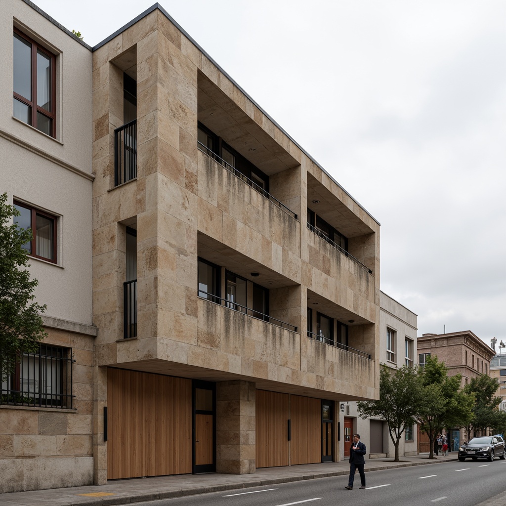 Prompt: Rustic building facade, rough-textured plastered concrete walls, earthy color palette, natural stone accents, modern minimalist architecture, sleek lines, rectangular forms, brutalist design elements, industrial chic aesthetic, urban cityscape background, overcast sky, soft diffused lighting, shallow depth of field, 2/3 composition, realistic textures, ambient occlusion.