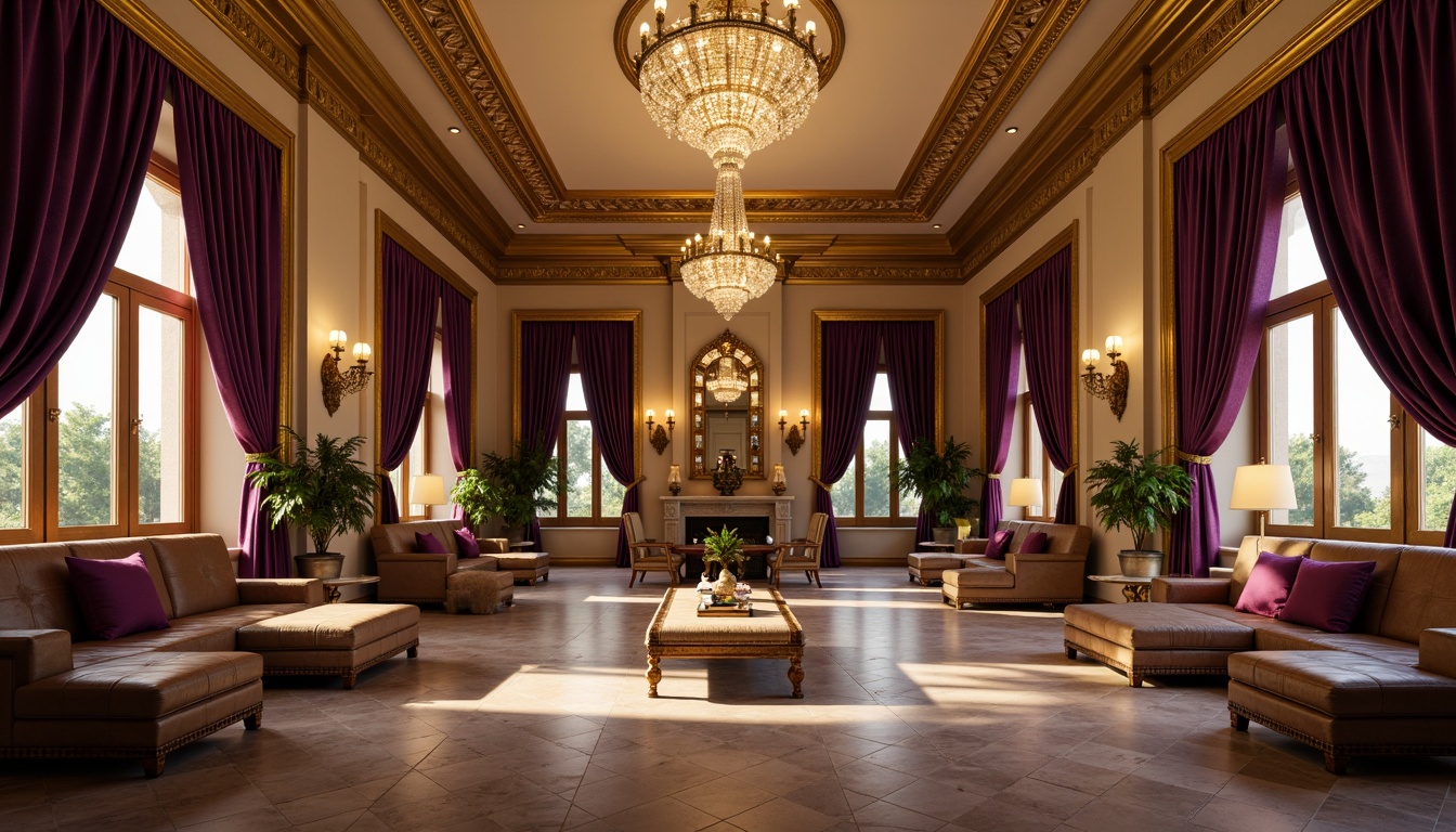 Prompt: Rich velvet drapes, ornate gold accents, warm beige walls, lavish crystal chandeliers, opulent marble floors, regal purple tones, dramatic high ceilings, grandiose mirrors, luxurious leather furniture, intricate wooden carvings, soft golden lighting, cinematic shadows, 1/2 composition, low-key ambiance, realistic textures, ambient occlusion.