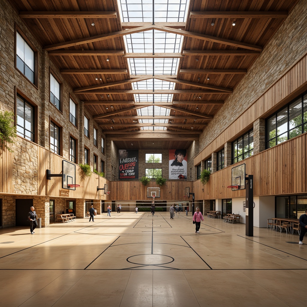 Prompt: Rustic gymnasium, natural stone fa\u00e7ade, wooden accents, earthy tones, regionalist architecture, sustainable design, solar panels, green roofs, rainwater harvesting systems, eco-friendly materials, minimal waste generation, optimized energy consumption, abundant natural light, clerestory windows, high ceilings, open spaces, modern sports equipment, athletic tracks, basketball courts, volleyball nets, spectator seating areas, motivational quotes, inspirational murals, warm color schemes, cozy atmosphere, soft diffused lighting, 3/4 composition, realistic textures, ambient occlusion.