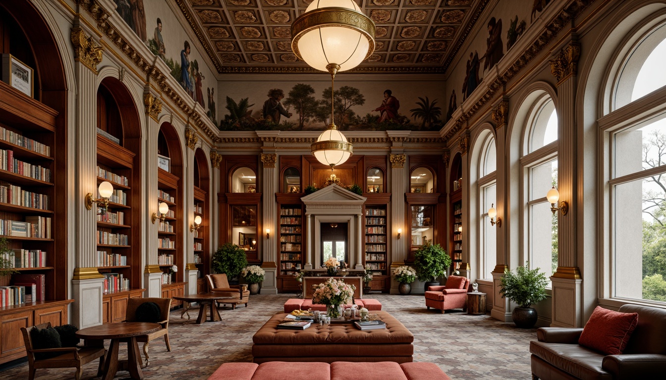 Prompt: Elegant neoclassical library, rich wood tones, ornate moldings, marble columns, grand archways, stately chandeliers, luxurious velvet fabrics, vintage leather-bound books, golden accents, subtle warm lighting, creamy whites, soft grays, muted browns, earthy reds, majestic high ceilings, intricate frescoes, ornamental plasterwork, refined classicism, symmetrical compositions, shallow depth of field, 1/2 composition, realistic textures, ambient occlusion.