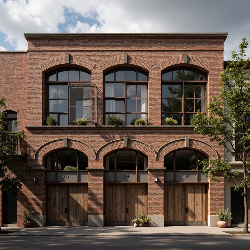 Prompt: Rustic warehouse facade, Romanesque arches, distressed brick walls, industrial metal frames, vintage wooden doors, ornate stone carvings, earthy color palette, natural textures, exposed ductwork, reclaimed wood accents, urban cityscape, cloudy grey sky, warm soft lighting, shallow depth of field, 2/3 composition, cinematic view, realistic weathering effects, ambient occlusion.