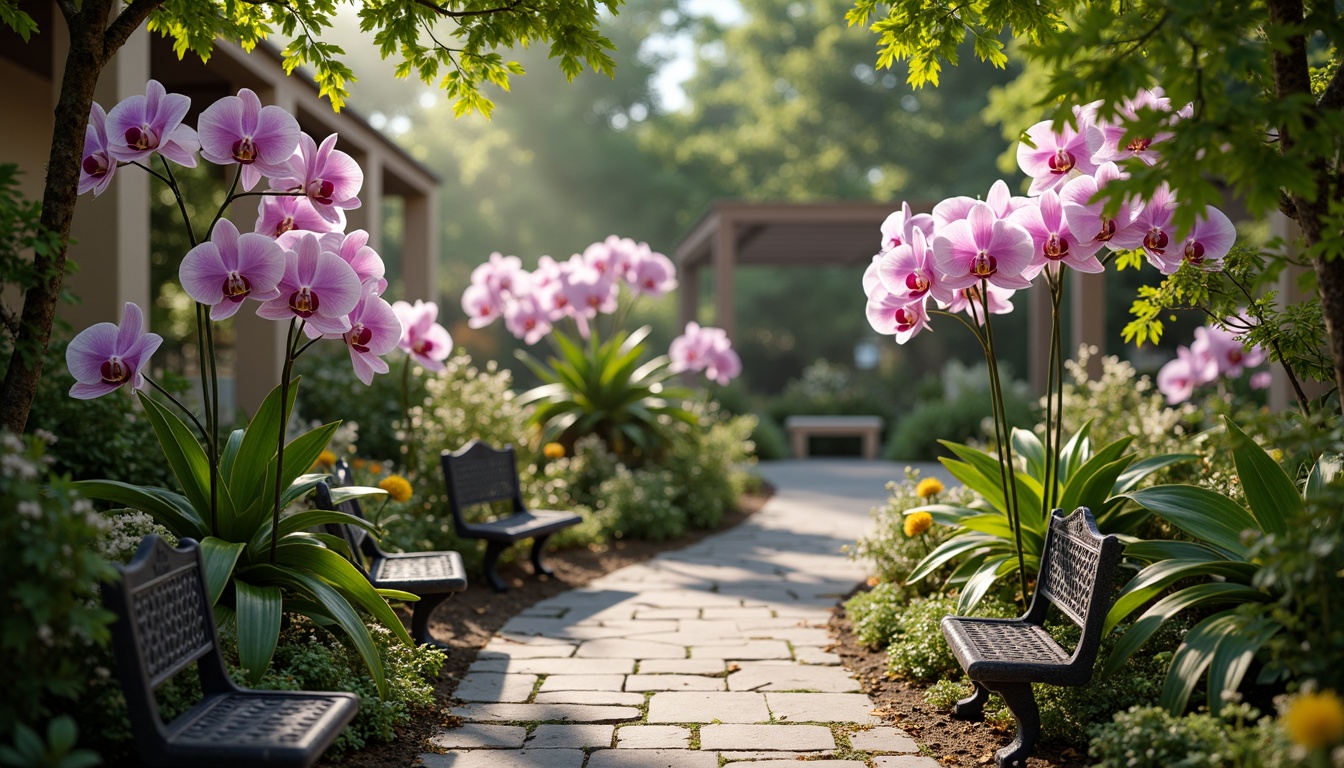 Prompt: Whimsical botanical garden, delicate orchid flowers, pastel purple hues, soft pink undertones, creamy whites, lush green foliage, natural stone pathways, ornate metal benches, vintage garden ornaments, warm sunny day, gentle misty atmosphere, shallow depth of field, 1/1 composition, realistic textures, ambient occlusion.