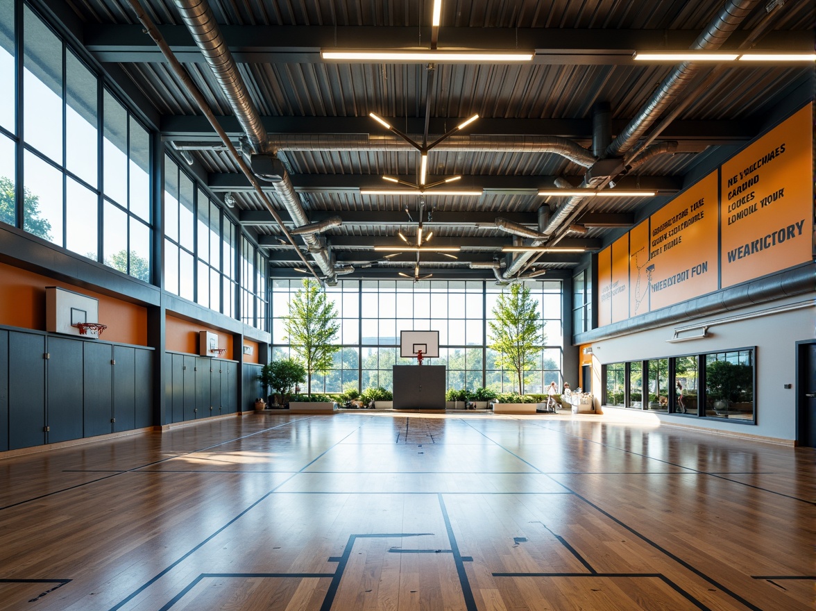 Prompt: Modern gymnasium interior, large windows, natural light pouring in, bright and airy atmosphere, polished wooden floors, minimalist design, steel beams, exposed ductwork, industrial chic aesthetic, athletic equipment, basketball hoops, tennis courts, running tracks, mirrored walls, motivational quotes, vibrant colors, dynamic lighting, shallow depth of field, 3/4 composition, realistic textures, ambient occlusion.